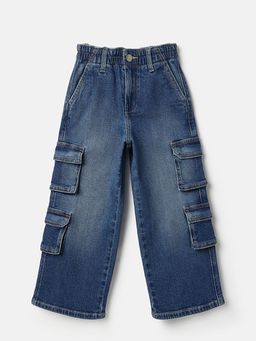United Colors of Benetton - Solid Wide Leg Fit Dark Wash Cargo Pocket Denim Jeans