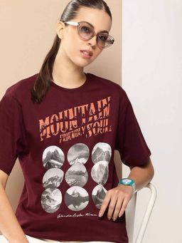 Difference of Opinion - Maroon Oversized Printed T-Shirt