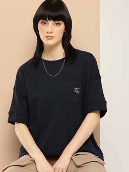 Difference of Opinion - Navy Blue Oversized Solid T-Shirt