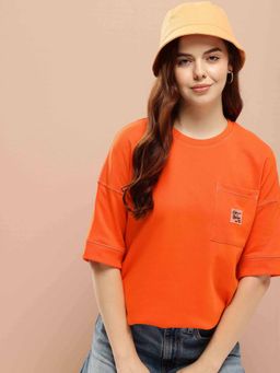 Difference of Opinion - Orange Oversized Solid T-Shirt