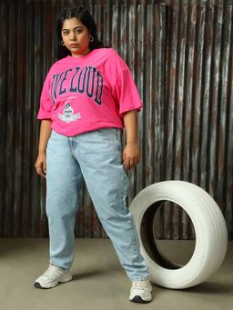 High Star - Pink Plus Size Printed Oversized T-Shirt