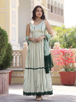 LIROSE - Regal Green White A-Line Kurta with Chiffon Dupatta (Set of 2)