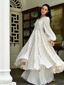 LIROSE - White Dola Silk Anarkali and Muslin Silk Palazzo with Organza Dupatta (Set of 3)