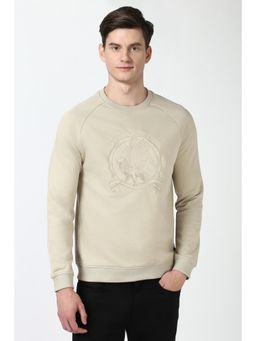 Peter England - Men Beige Embroidered Crew Neck Sweatshirt