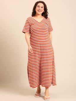 THE PINK MOON - Red Beige Striped A-Line Dress