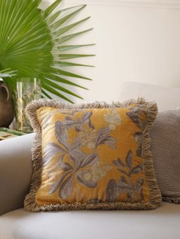 Pure Home + Living - Yellow Fringed Printed Cushion Cover (16x16 Inches)