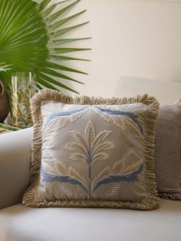 Pure Home + Living - Beige Embroidered Fringed Cushion Cover (16x16 Inches)