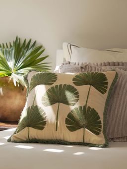 Pure Home + Living - Green Palm Leaf Embroidered Cushion Cover (16x16 Inches)