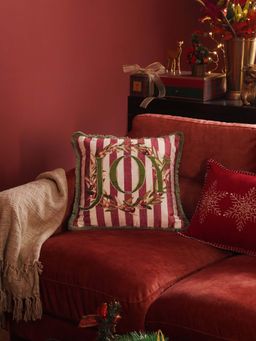 Pure Home + Living - Red Striped Joy Printed Square Cushion Cover (16x16 Inches)