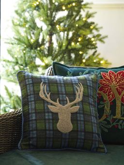 Pure Home + Living - Green Checked Reindeer Embroidered Square Cushion Cover (16x16 Inches)