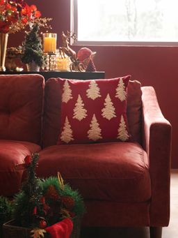 Pure Home + Living - Red Christmas Tree Embroidered Square Cushion Cover (16x16 Inches)