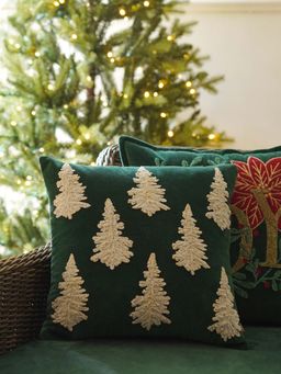 Pure Home + Living - Green Christmas Tree Embroidered Square Cushion Cover (16x16 Inches)