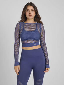 FEIER - Navy Blue Aura Mesh Long Sleeve Crop T-Shirt