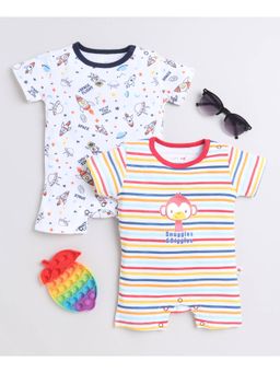 Bumzee - White & Multi Boys Half Sleeves Thigh Length Romper (Set of 2)