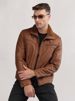 Lure Urban - Men Tan Polyester Collar Neck Jacket
