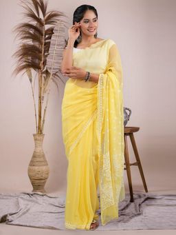 Seva Chikan - Lucknowi Chikankari Yellow Georgette Saree with Unstitched Blouse