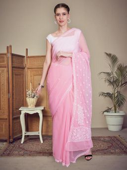 Seva Chikan - Lucknowi Chikankari Peach Georgette Saree with Unstitched Blouse