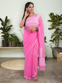 Seva Chikan - Lucknowi Chikankari Pink Georgette Saree with Unstitched Blouse