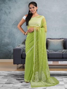 Seva Chikan - Lucknowi Chikankari Green Georgette Saree with Unstitched Blouse