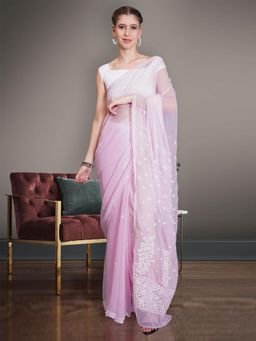 Seva Chikan - Lucknowi Chikankari Pink Georgette Saree with Unstitched Blouse