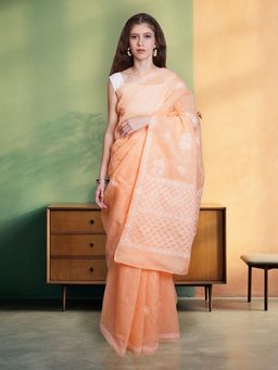 Seva Chikan - Lucknowi Chikankari Orange Cotton Saree with Unstitched Blouse