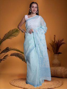 Seva Chikan - Lucknowi Chikankari Blue Kota Saree with Unstitched Blouse