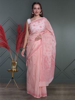 Seva Chikan - Lucknowi Chikankari Peach Kota Saree with Unstitched Blouse