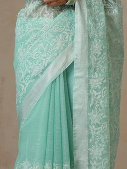 Swtantra - Sea Green and Silver Cotton Kota Saree with Unstitched Blouse
