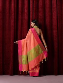 Swtantra - Orange Red Blended Soft Silk Saree with Unstitched Blouse