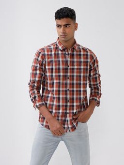 BASICS - Checked Orange Pure Cotton Slim Fit Casual Shirt