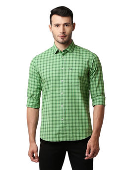 BASICS - Checked Green Pure Cotton Slim Fit Casual Shirt