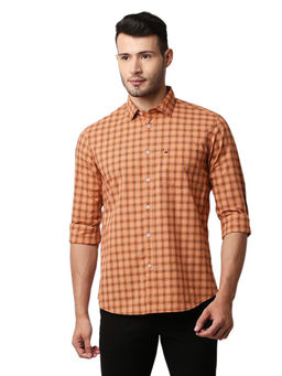 BASICS - Checked Orange Pure Cotton Slim Fit Casual Shirt