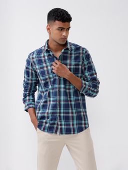 BASICS - Checked Navy Blue Pure Cotton Slim Fit Casual Shirt