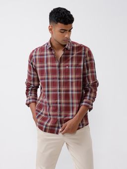 BASICS - Checked Maroon Pure Cotton Slim Fit Casual Shirt