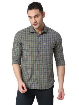 BASICS - Checked Green Pure Cotton Slim Fit Casual Shirt