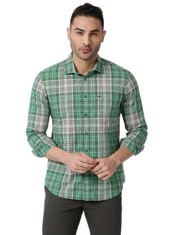BASICS - Checked Green Pure Cotton Slim Fit Casual Shirt