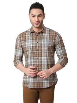 BASICS - Checked Khaki Pure Cotton Slim Fit Casual Shirt