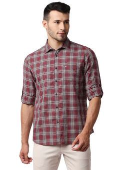 BASICS - Checked Maroon Pure Cotton Slim Fit Casual Shirt