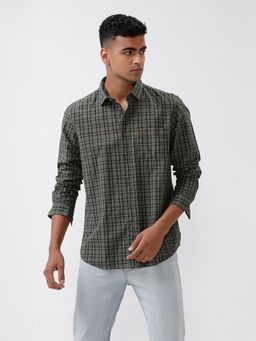 BASICS - Checked Green Pure Cotton Slim Fit Casual Shirt