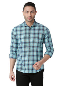 BASICS - Checked Blue Pure Cotton Slim Fit Casual Shirt