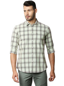BASICS - Checked Light Green Pure Cotton Slim Fit Casual Shirt