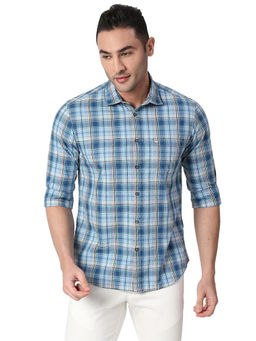 BASICS - Checked Mid Blue Pure Cotton Slim Fit Casual Shirt