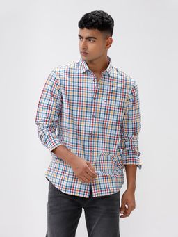BASICS - Checked Blue Pure Cotton Slim Fit Casual Shirt