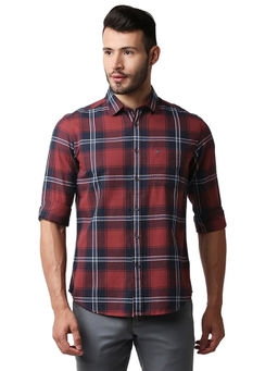 BASICS - Checked Red Pure Cotton Slim Fit Casual Shirt