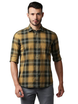 BASICS - Checked Khaki Pure Cotton Slim Fit Casual Shirt