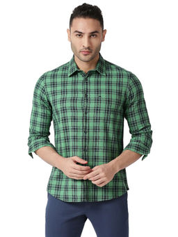 BASICS - Checked Mid Green Pure Cotton Slim Fit Casual Shirt