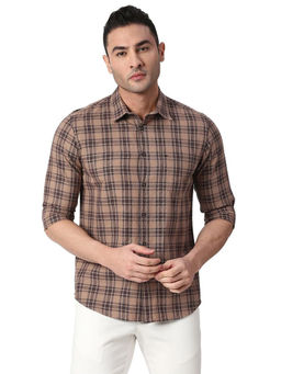 BASICS - Checked Light Brown Pure Cotton Slim Fit Casual Shirt