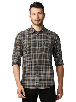 BASICS - Checked Olive Pure Cotton Slim Fit Casual Shirt
