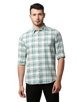 BASICS - Checked Aqua Pure Cotton Slim Fit Casual Shirt