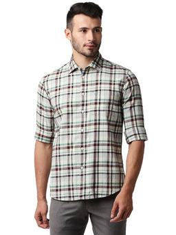 BASICS - Checked Light Green Pure Cotton Slim Fit Casual Shirt